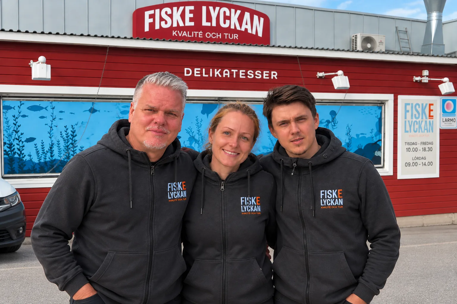 Fiskelyckans butik och personal utanför ICA Åkeredshallen
